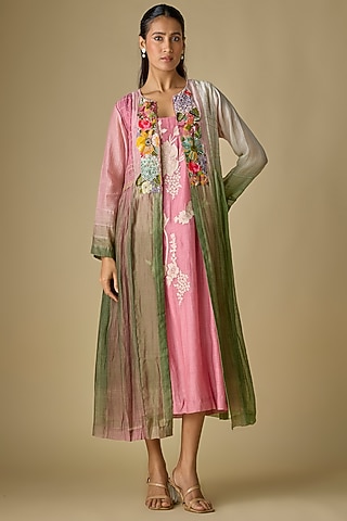 Pink & Grey Shaded Fine Chanderi Blossom Embroidered Jacket With Inner by Half Full Curve