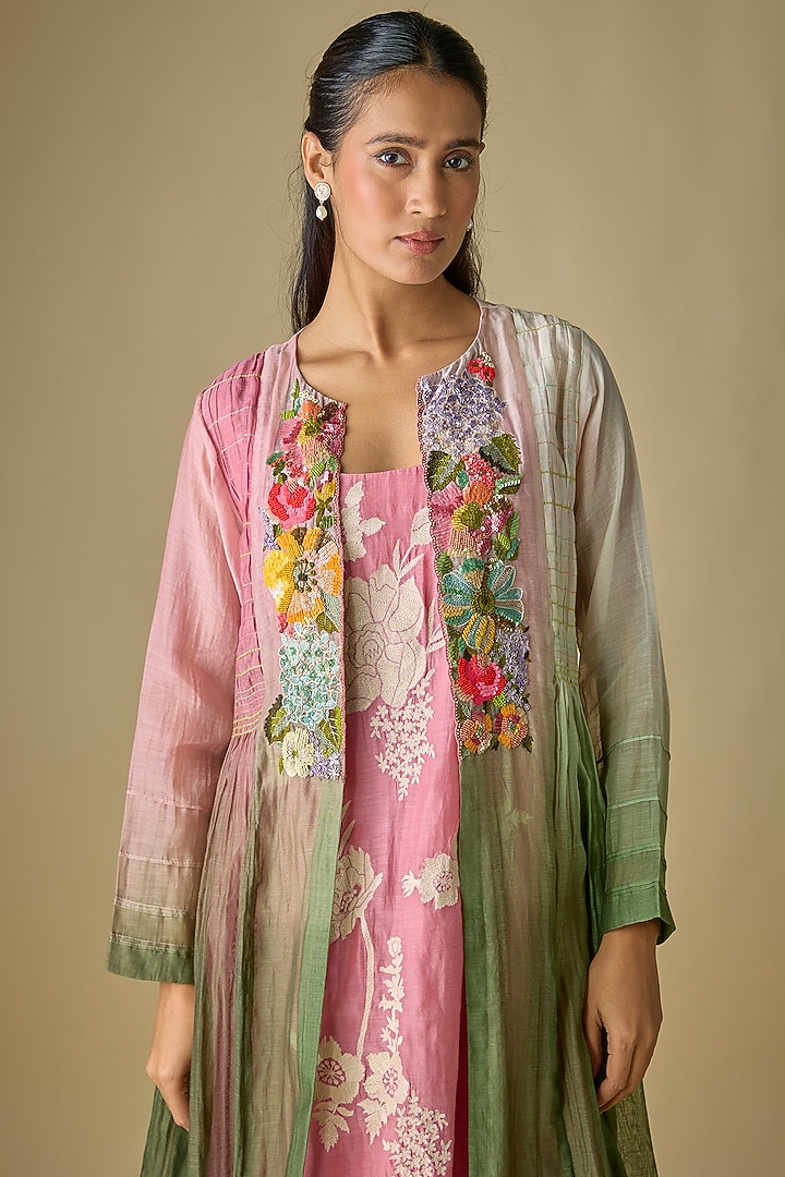 Pink & Grey Shaded Fine Chanderi Blossom Embroidered Jacket With Inner by Half Full Curve at Pernia's Pop Up Shop