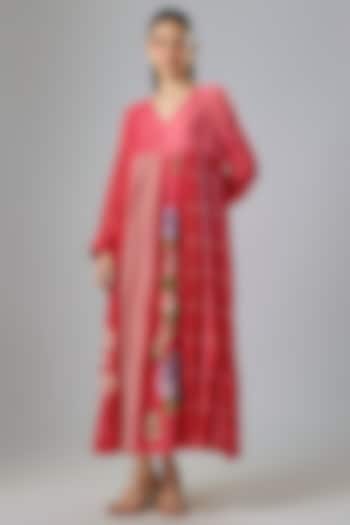 Red Fine Chanderi Embroidered Flared Vacation Dress by Half Full Curve at Pernia's Pop Up Shop