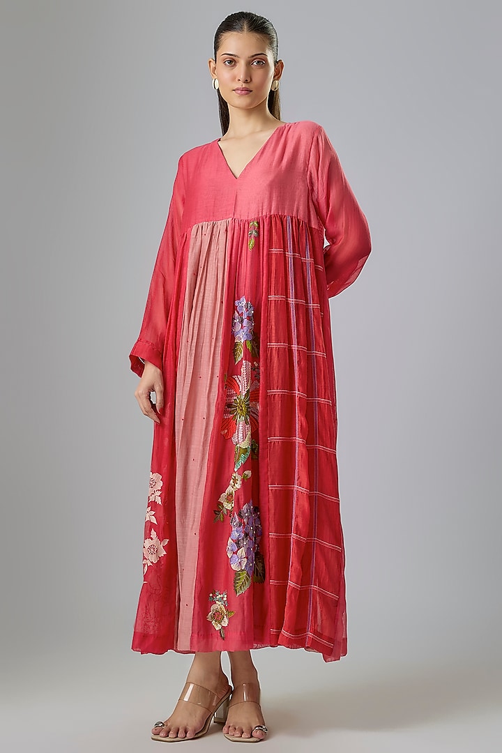 Red Fine Chanderi Embroidered Flared Vacation Dress by Half Full Curve at Pernia's Pop Up Shop