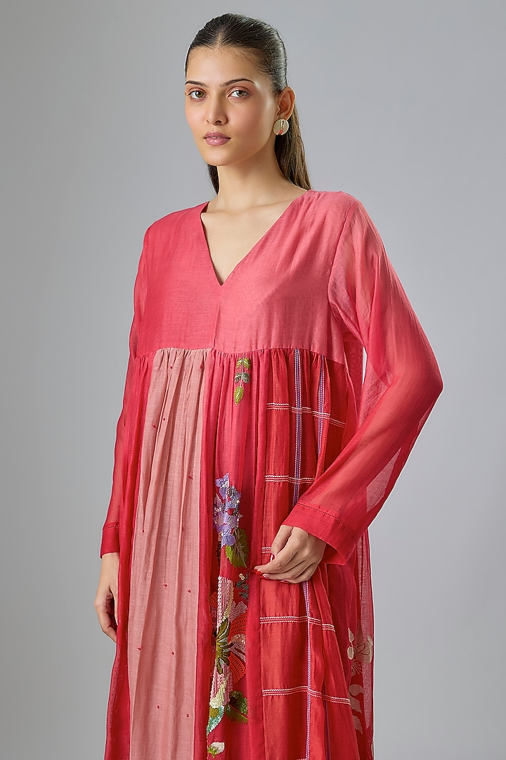 Red Fine Chanderi Embroidered Flared Cocktail Dress by Half Full Curve at Pernia's Pop Up Shop