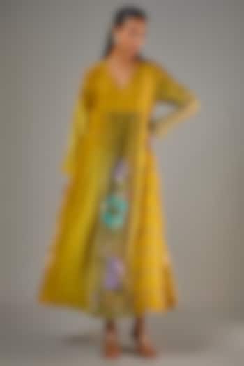 Mustard Fine Chanderi Hand Embroidered Flared Midi Cocktail Dress by Half Full Curve at Pernia's Pop Up Shop