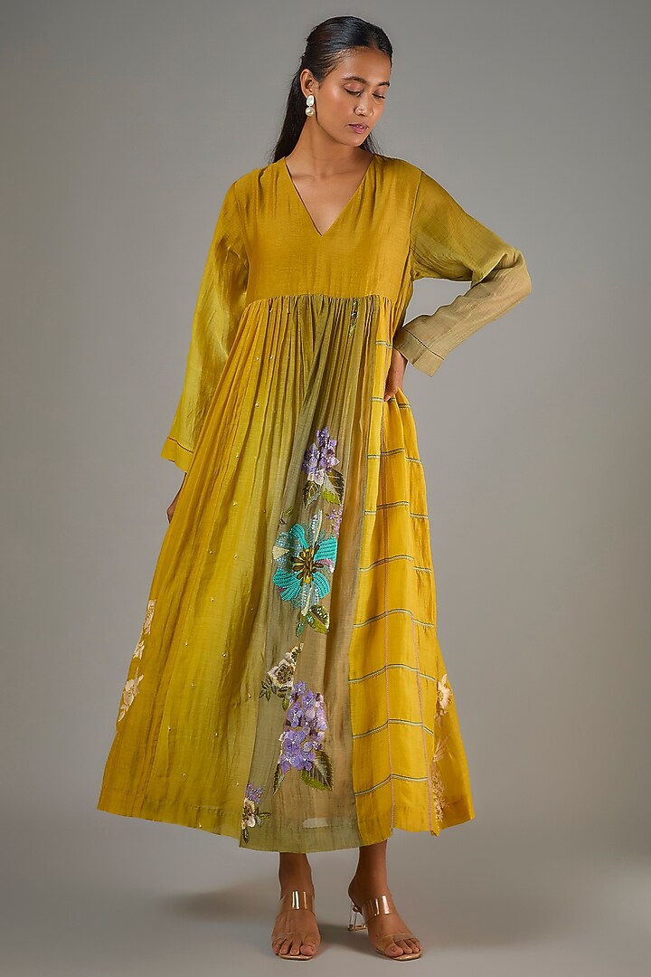 Mustard Fine Chanderi Hand Embroidered Flared Midi Cocktail Dress by Half Full Curve at Pernia's Pop Up Shop