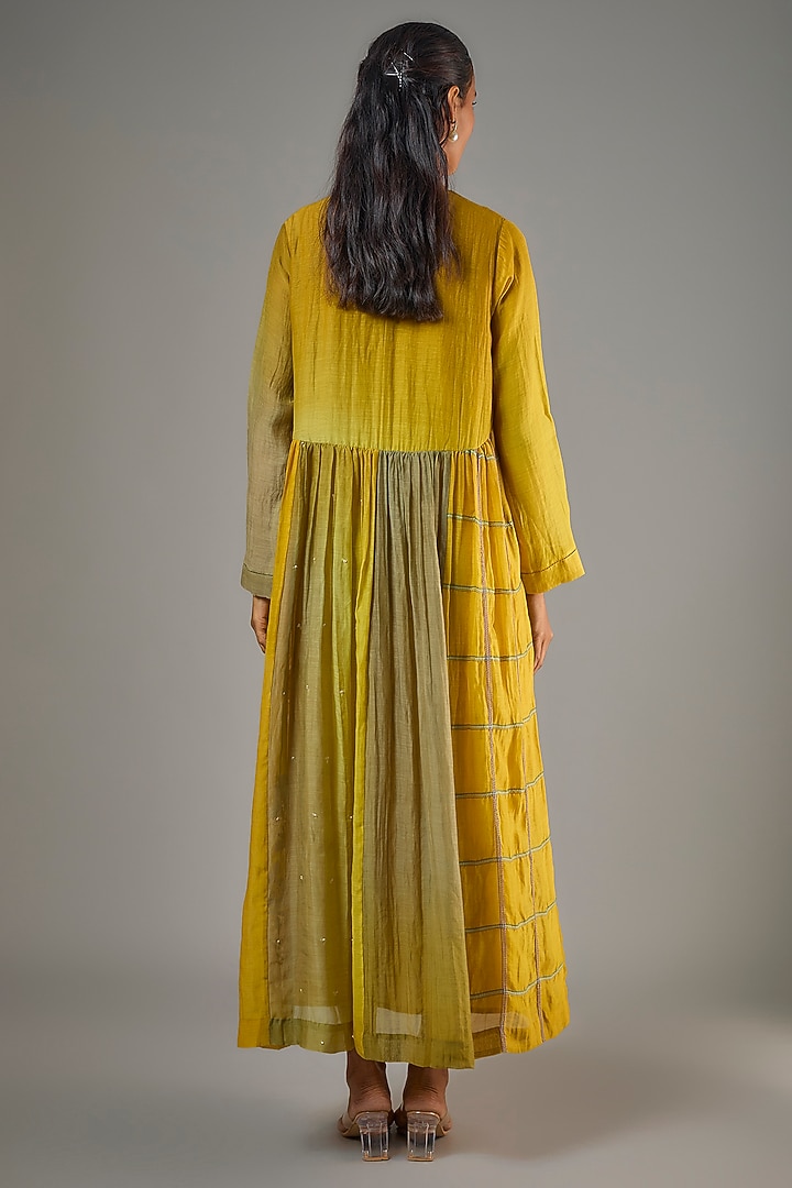 Mustard Fine Chanderi Hand Embroidered Flared Midi Cocktail Dress by Half Full Curve at Pernia's Pop Up Shop