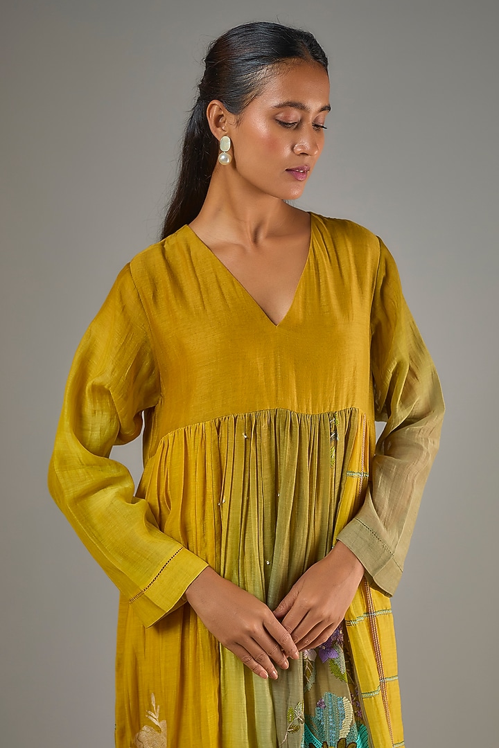 Mustard Fine Chanderi Hand Embroidered Flared Midi Cocktail Dress by Half Full Curve at Pernia's Pop Up Shop