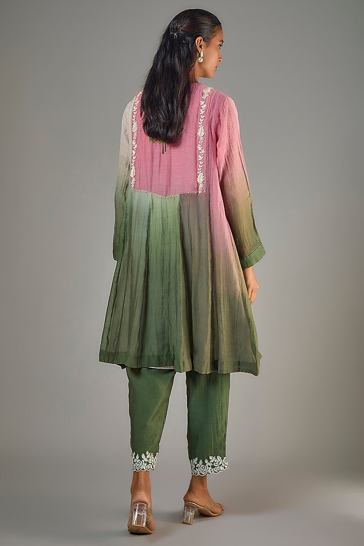 Green Fine Chanderi Hand Embroidered Short Kurta Set by Half Full Curve at Pernia's Pop Up Shop