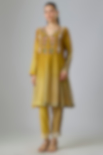 Yellow Fine Chanderi Embroidered Short Party Wear Anarkali Set by Half Full Curve at Pernia's Pop Up Shop