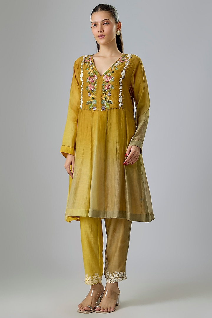 Yellow Fine Chanderi Embroidered Short Party Wear Anarkali Set by Half Full Curve at Pernia's Pop Up Shop