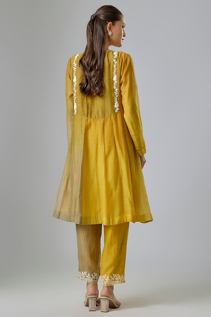 Yellow Fine Chanderi Embroidered Short Wedding Anarkali Set by Half Full Curve at Pernia's Pop Up Shop