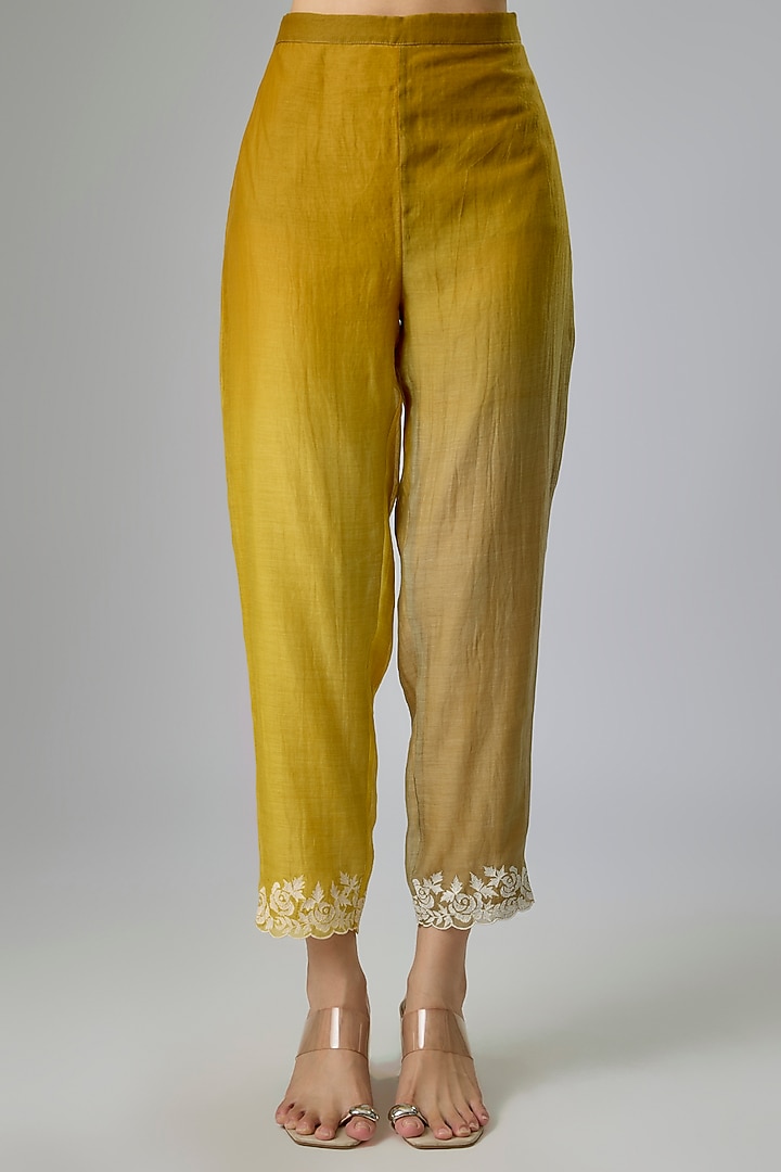 Yellow Fine Chanderi Embroidered Short Wedding Anarkali Set by Half Full Curve at Pernia's Pop Up Shop