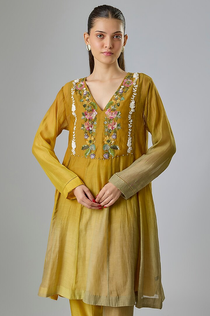 Yellow Fine Chanderi Embroidered Short Wedding Anarkali Set by Half Full Curve at Pernia's Pop Up Shop