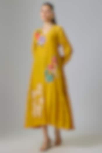 Yellow Fine Chanderi Embroidered Vacation Dress by Half Full Curve at Pernia's Pop Up Shop