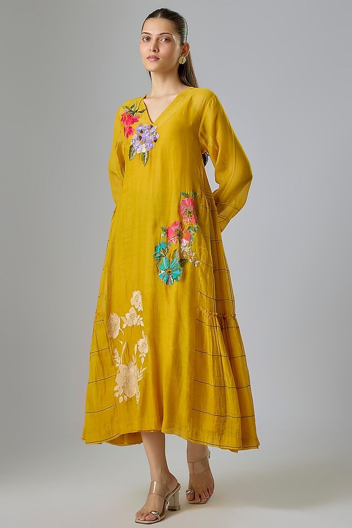 Yellow Fine Chanderi Embroidered Vacation Dress by Half Full Curve at Pernia's Pop Up Shop