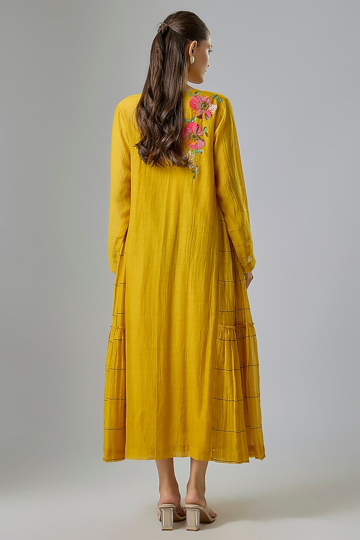 Yellow Fine Chanderi Embroidered Vacation Dress by Half Full Curve at Pernia's Pop Up Shop