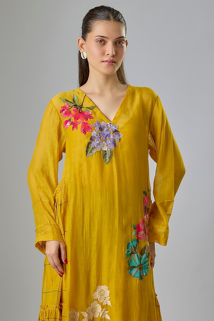 Yellow Fine Chanderi Embroidered Vacation Dress by Half Full Curve at Pernia's Pop Up Shop