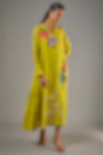 Green Fine Chanderi Hand Embroidered Midi Vacation Dress by Half Full Curve at Pernia's Pop Up Shop