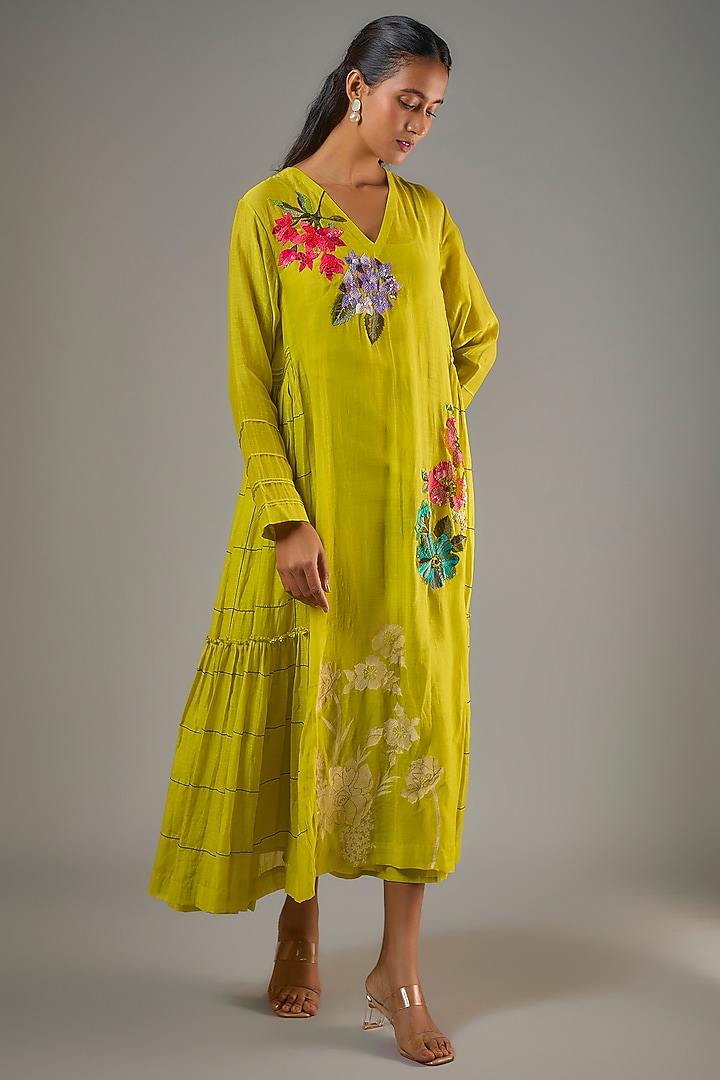Green Fine Chanderi Hand Embroidered Midi Vacation Dress by Half Full Curve at Pernia's Pop Up Shop