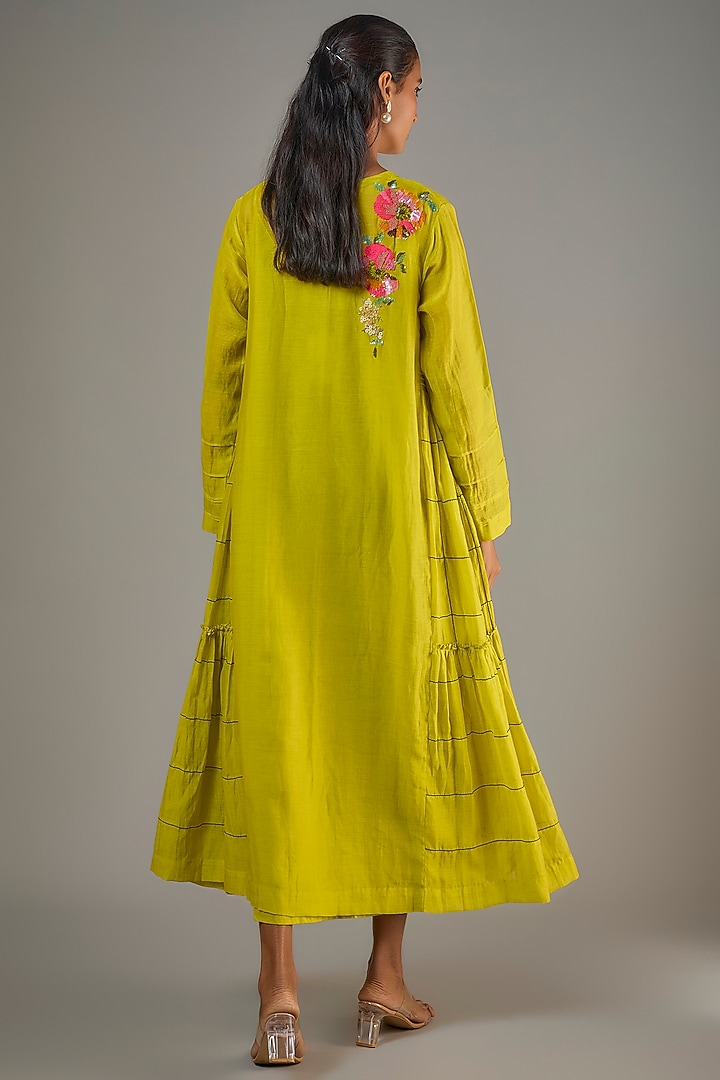 Green Fine Chanderi Hand Embroidered Midi Vacation Dress by Half Full Curve at Pernia's Pop Up Shop