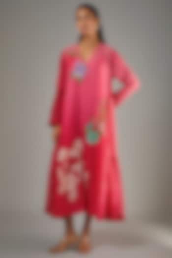 Red Fine Chanderi Hand Embroidered Midi Vacation Dress by Half Full Curve at Pernia's Pop Up Shop
