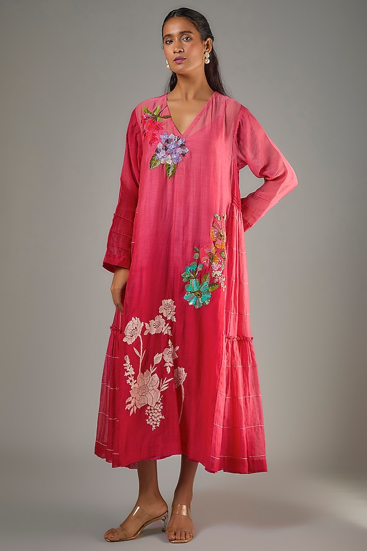 Red Fine Chanderi Hand Embroidered Midi Vacation Dress by Half Full Curve at Pernia's Pop Up Shop