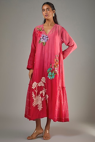 Red Fine Chanderi Hand Embroidered Midi Dress by Half Full Curve