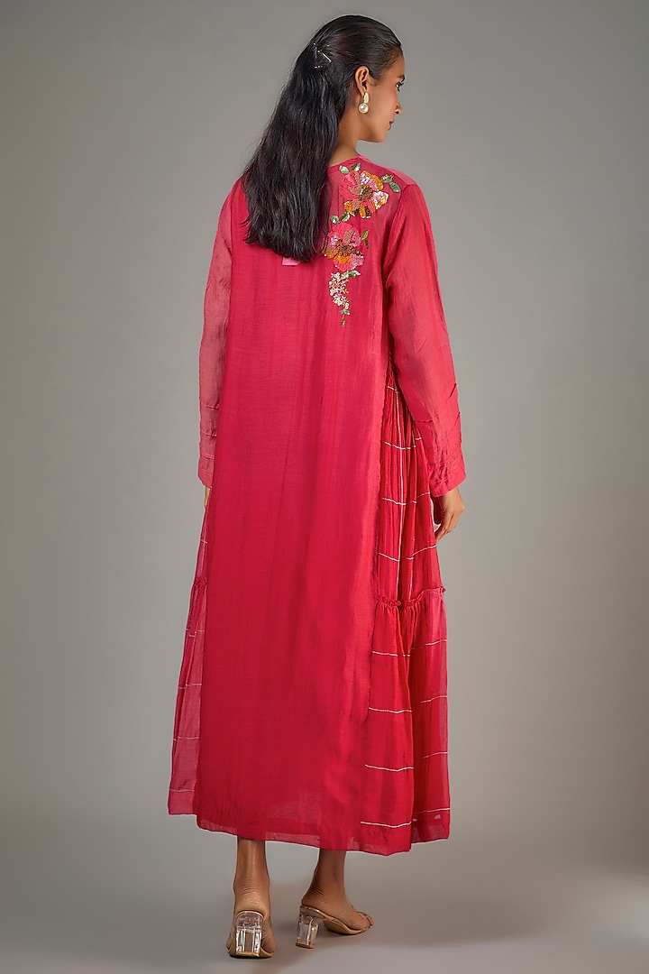 Red Fine Chanderi Hand Embroidered Midi Vacation Dress by Half Full Curve at Pernia's Pop Up Shop