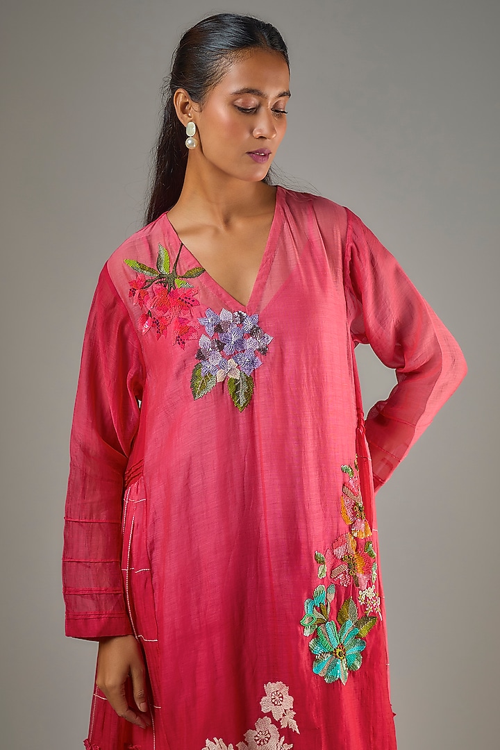 Red Fine Chanderi Hand Embroidered Midi Vacation Dress by Half Full Curve at Pernia's Pop Up Shop