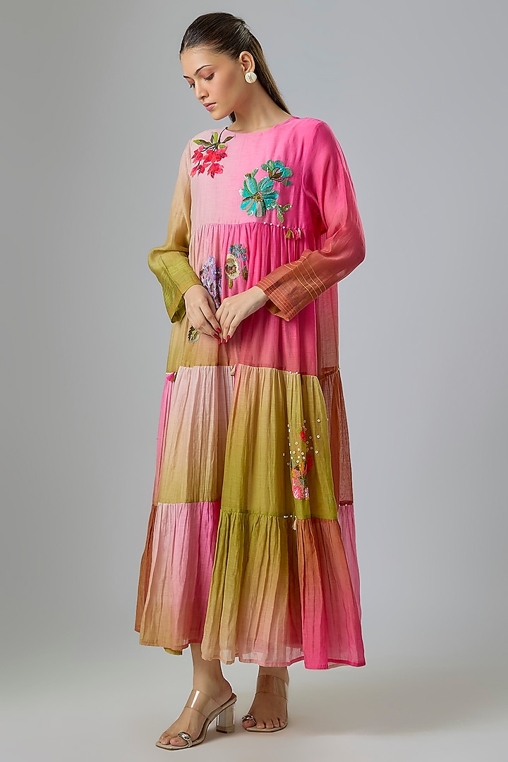 Pink Fine Chanderi Embroidered Tiered Cocktail Dress by Half Full Curve at Pernia's Pop Up Shop