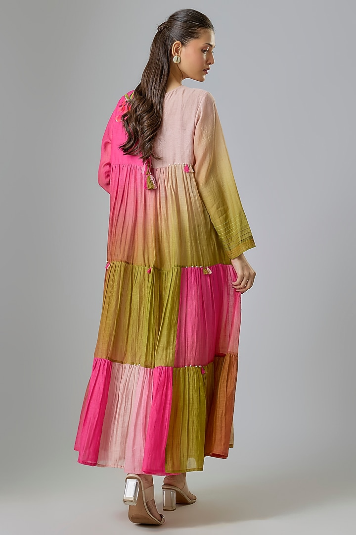 Pink Fine Chanderi Embroidered Tiered Cocktail Dress by Half Full Curve at Pernia's Pop Up Shop