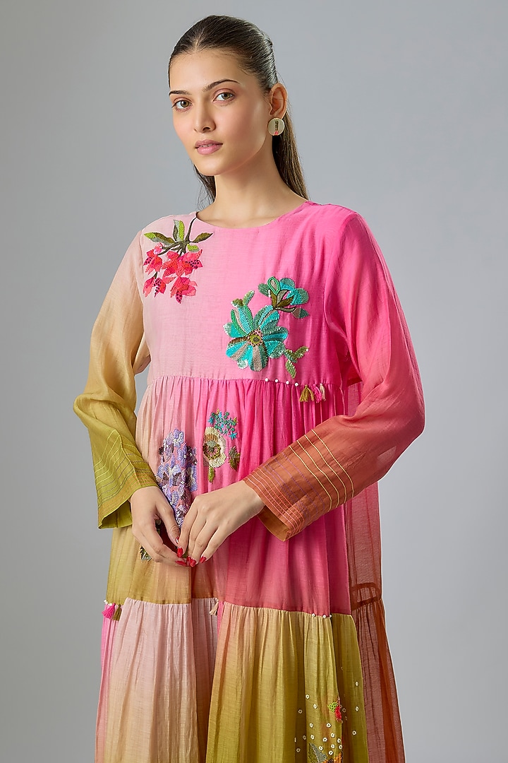 Pink Fine Chanderi Embroidered Tiered Cocktail Dress by Half Full Curve at Pernia's Pop Up Shop