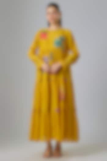 Yellow Fine Chanderi Embroidered Tiered Cocktail Dress by Half Full Curve at Pernia's Pop Up Shop