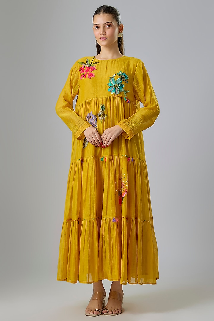 Yellow Fine Chanderi Embroidered Tiered Cocktail Dress by Half Full Curve at Pernia's Pop Up Shop