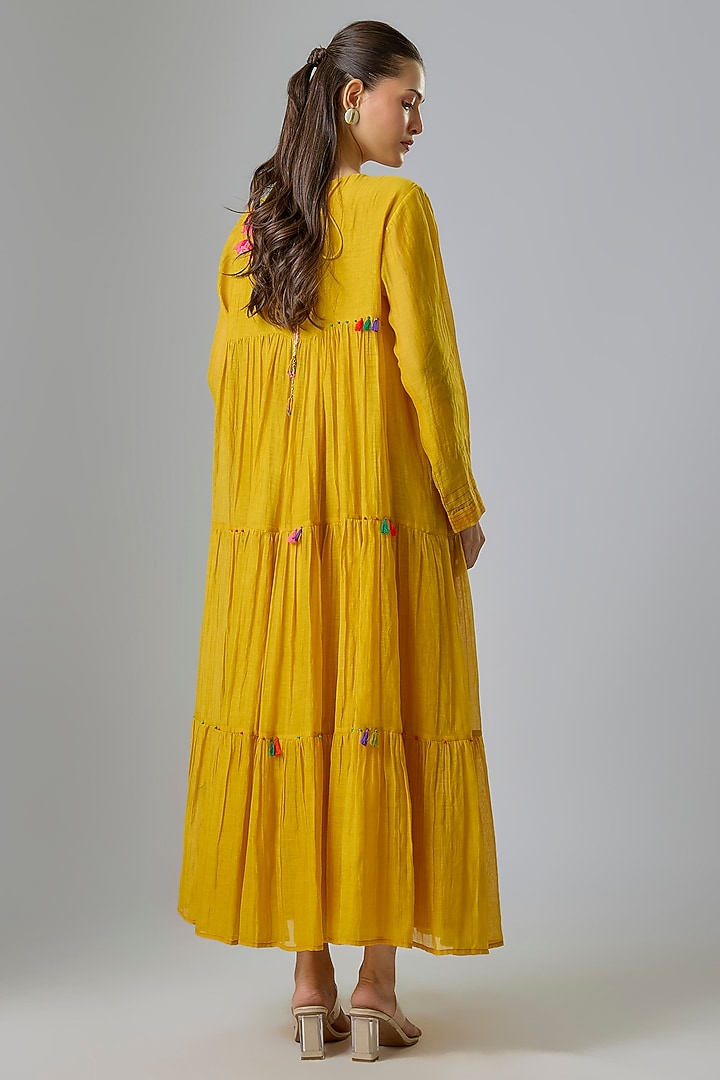 Yellow Fine Chanderi Embroidered Tiered Cocktail Dress by Half Full Curve at Pernia's Pop Up Shop