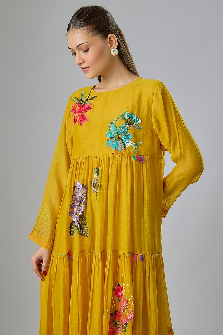 Yellow Fine Chanderi Embroidered Tiered Cocktail Dress by Half Full Curve at Pernia's Pop Up Shop