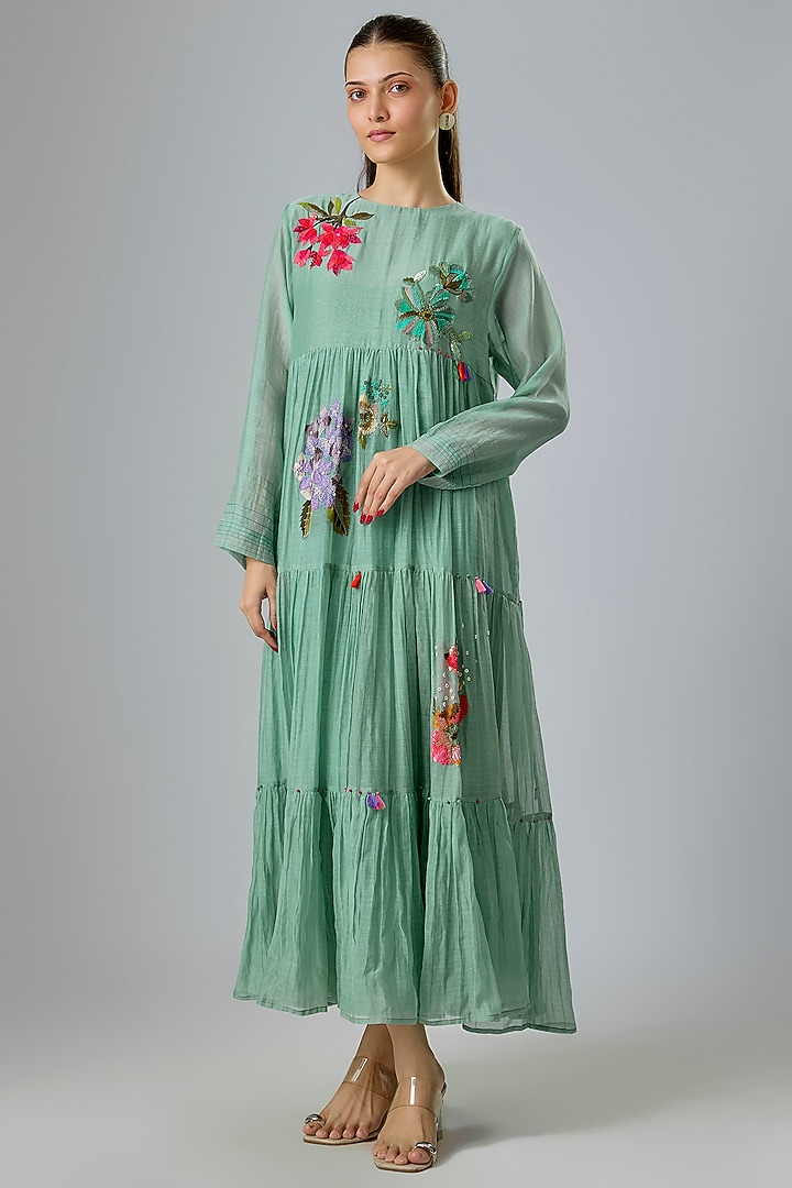 Blue Fine Chanderi Embroidered Tiered Cocktail Dress by Half Full Curve at Pernia's Pop Up Shop