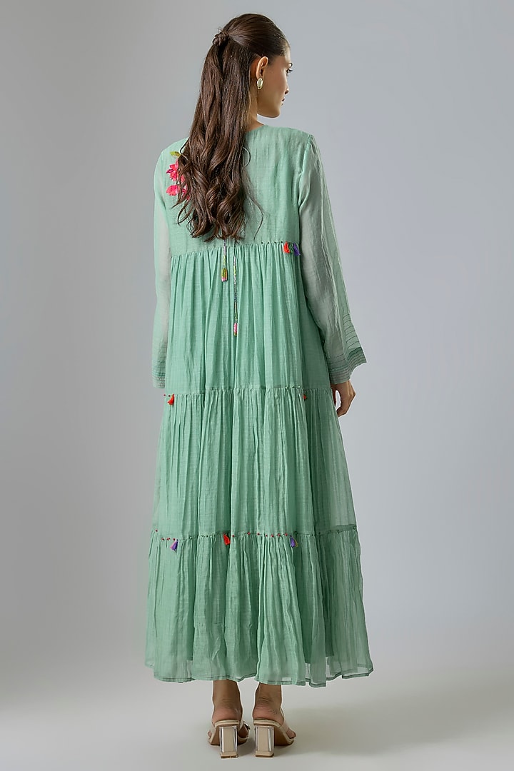 Blue Fine Chanderi Embroidered Tiered Cocktail Dress by Half Full Curve at Pernia's Pop Up Shop