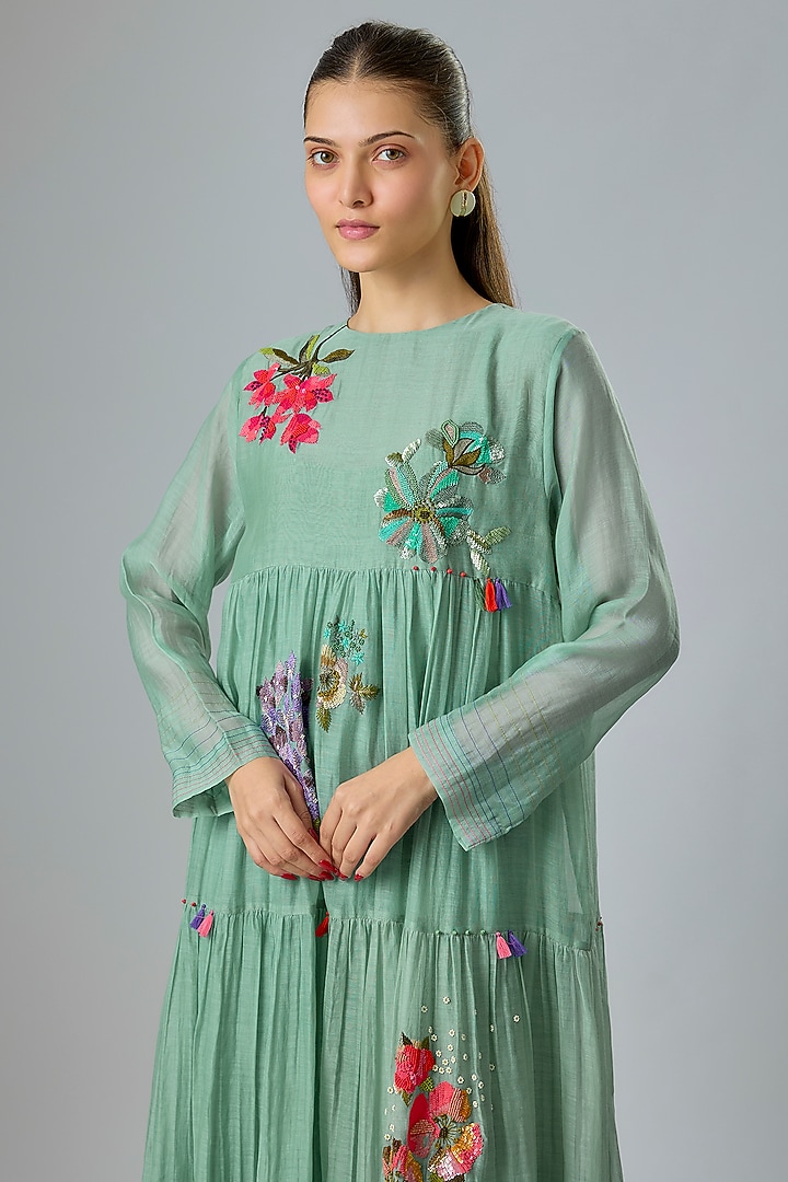 Blue Fine Chanderi Embroidered Tiered Cocktail Dress by Half Full Curve at Pernia's Pop Up Shop
