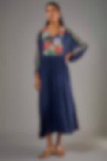 Blue Crepe Chiffon Hand Embroidered Midi Vacation Dress by Half Full Curve at Pernia's Pop Up Shop