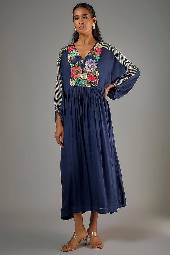 Blue Crepe Chiffon Hand Embroidered Midi Vacation Dress by Half Full Curve at Pernia's Pop Up Shop