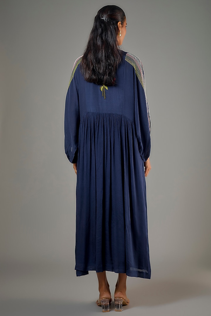 Blue Crepe Chiffon Hand Embroidered Midi Vacation Dress by Half Full Curve at Pernia's Pop Up Shop
