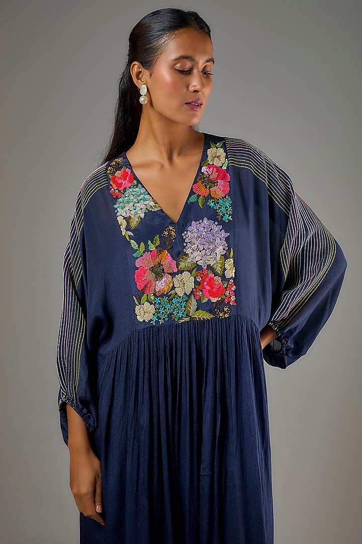 Blue Crepe Chiffon Hand Embroidered Midi Vacation Dress by Half Full Curve at Pernia's Pop Up Shop