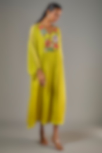 Green Crepe Chiffon Hand Embroidered Midi Vacation Dress by Half Full Curve at Pernia's Pop Up Shop