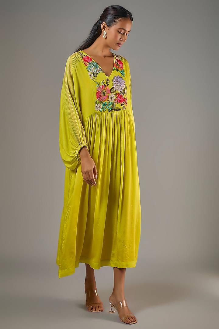 Green Crepe Chiffon Hand Embroidered Midi Vacation Dress by Half Full Curve at Pernia's Pop Up Shop