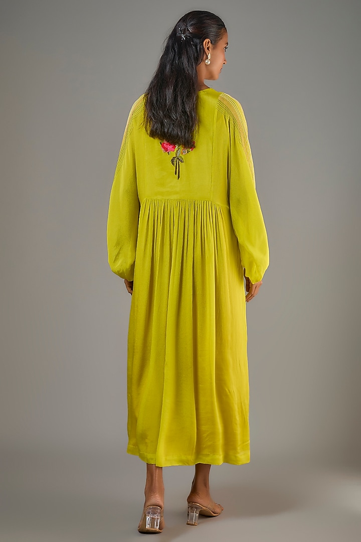 Green Crepe Chiffon Hand Embroidered Midi Vacation Dress by Half Full Curve at Pernia's Pop Up Shop