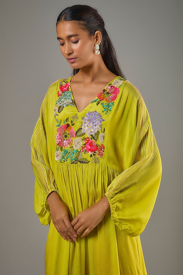 Green Crepe Chiffon Hand Embroidered Midi Vacation Dress by Half Full Curve at Pernia's Pop Up Shop