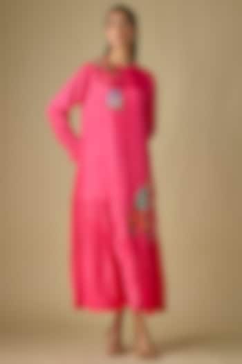 Pink Crepe Chiffon Garden Embroidered Midi Flapper Vacation Dress by Half Full Curve at Pernia's Pop Up Shop