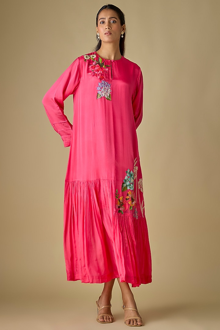 Pink Crepe Chiffon Garden Embroidered Midi Flapper Vacation Dress by Half Full Curve at Pernia's Pop Up Shop