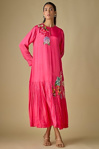 Pink Crepe Chiffon Garden Embroidered Midi Flapper Dress by Half Full Curve