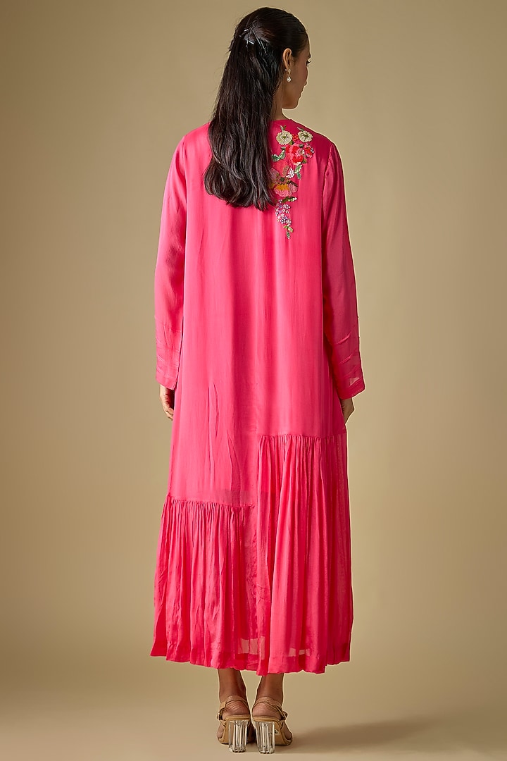 Pink Crepe Chiffon Garden Embroidered Midi Flapper Vacation Dress by Half Full Curve at Pernia's Pop Up Shop