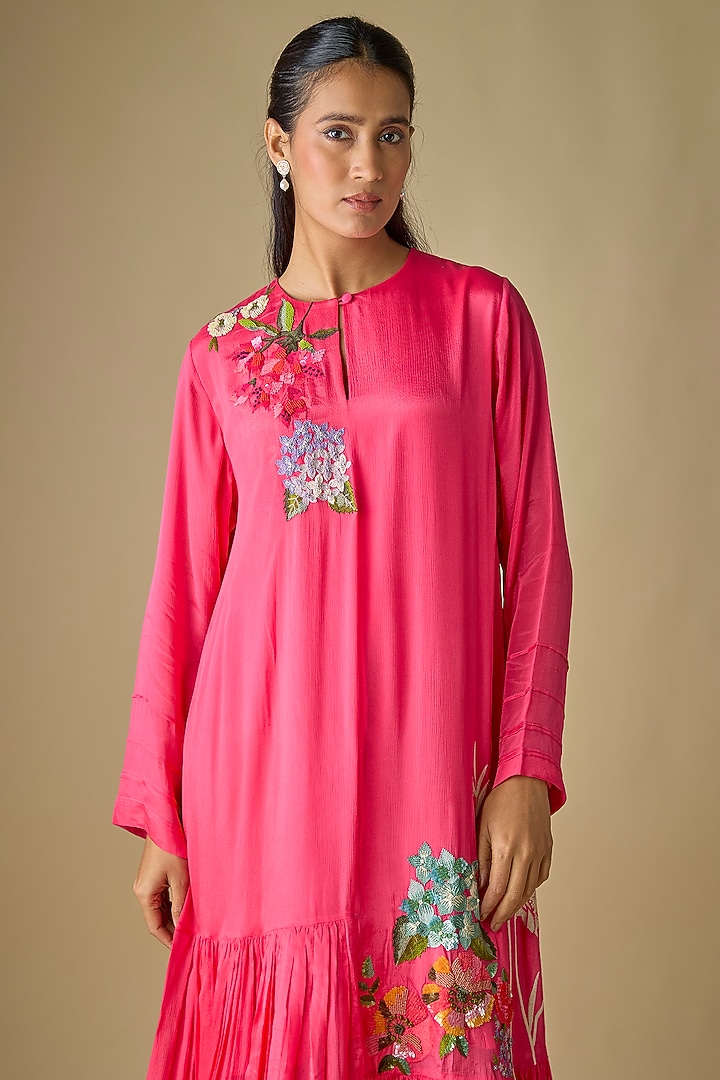 Pink Crepe Chiffon Garden Embroidered Midi Flapper Vacation Dress by Half Full Curve at Pernia's Pop Up Shop